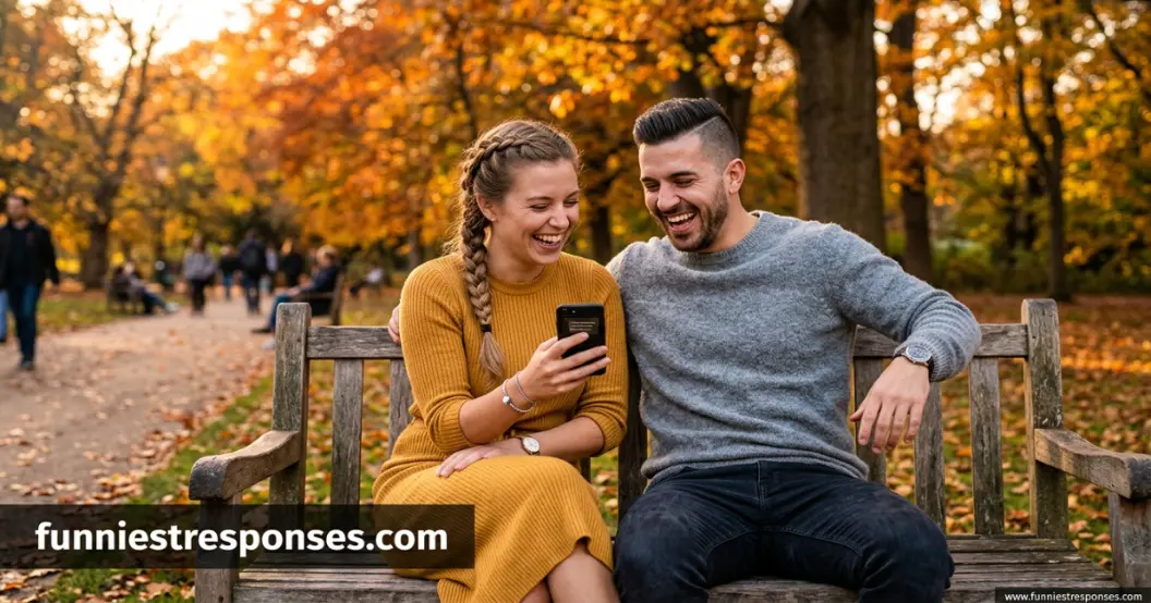 Two friends laughing over a phone showing a challenge tag
