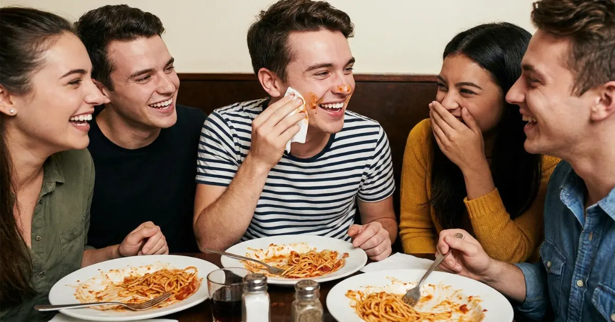Group of friends laughing while someone wipes food off their face