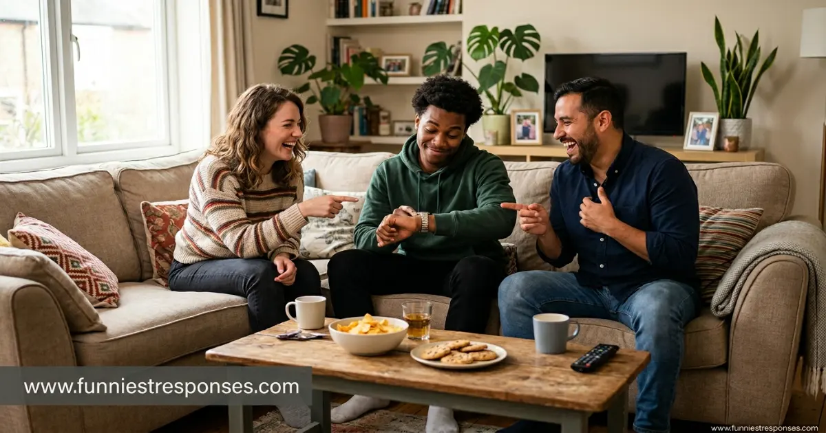 Group of friends laughing, one looking at a watch playfully