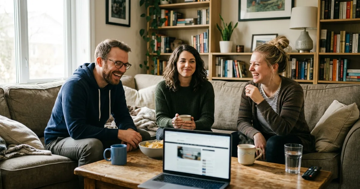 Group of friends laughing after someone makes a witty comeback about talking to themselves