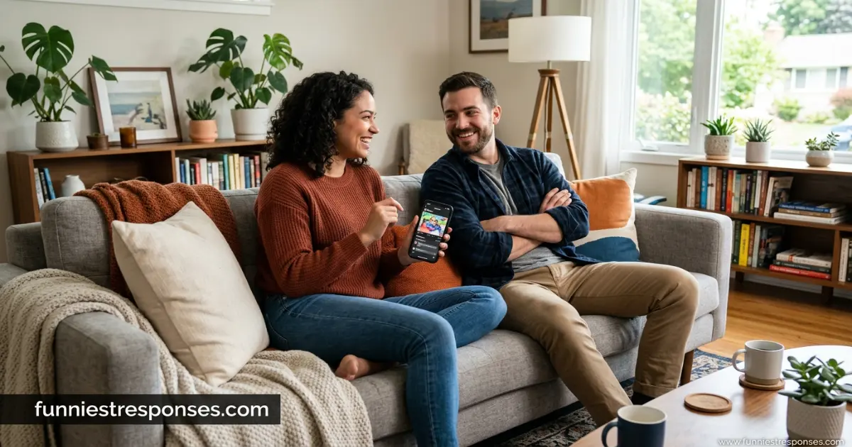 Two friends on a couch, one showing phone, other shrugging with a smile