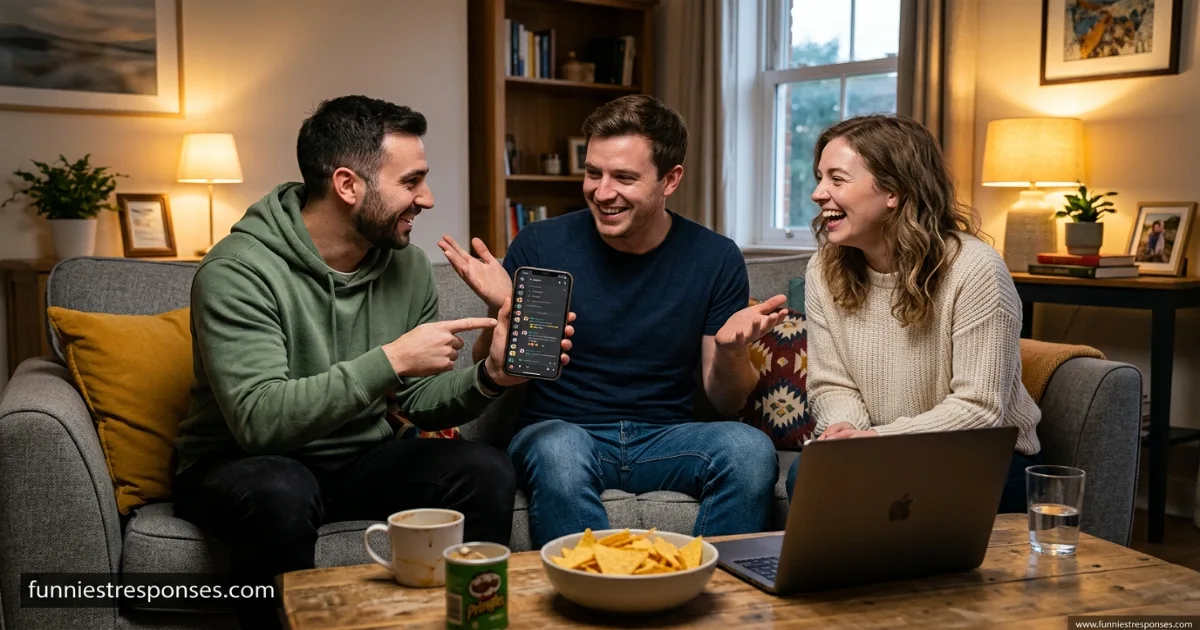 Group of friends on a couch, one holding a phone with Discord logo, another shrugging