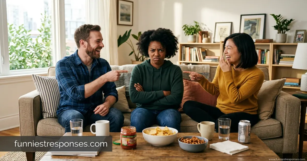 Group of friends laughing, one person pretending to be grumpy with crossed arms and a smile