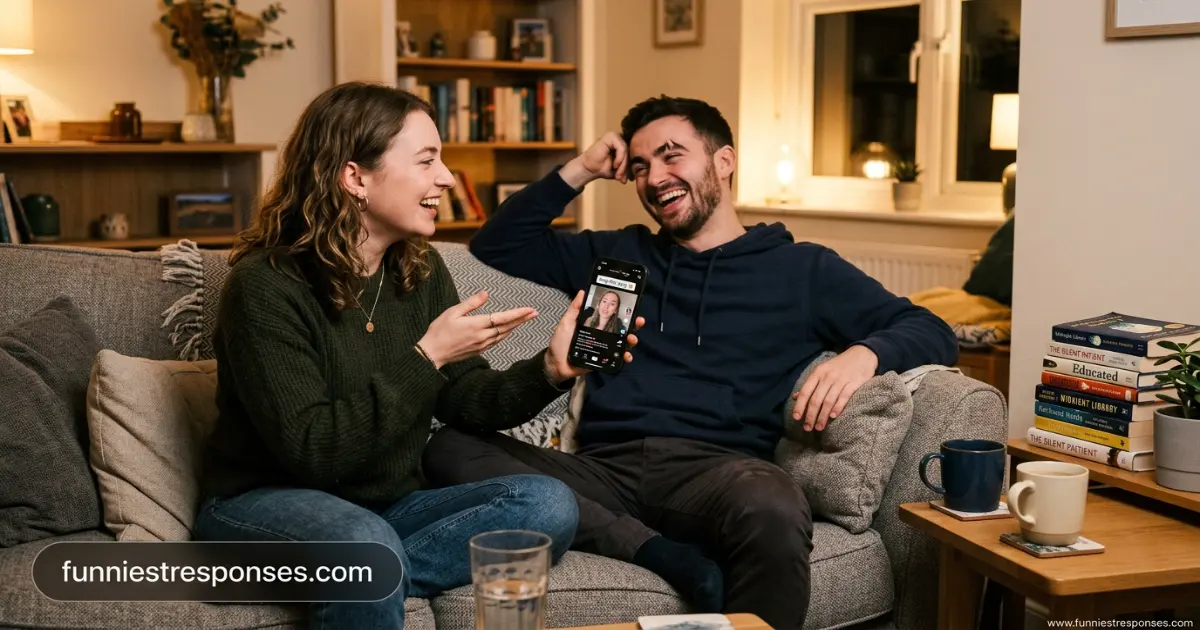 Two friends talking on a couch, one holding a phone with TikTok logo, looking confused