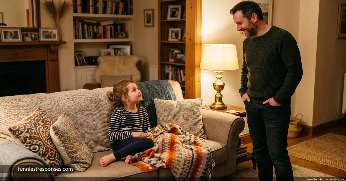 Child sitting on couch looking up at adult with curious expression asking about money