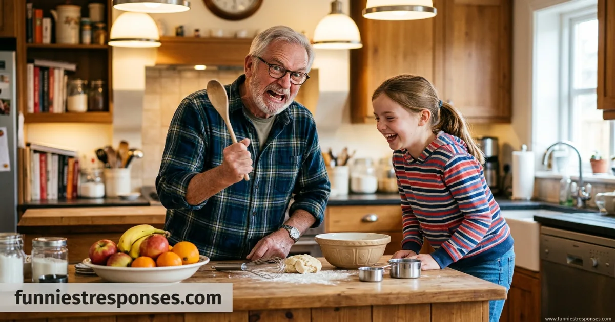 Grandparent and child smiling and playfully talking at a kitchen island