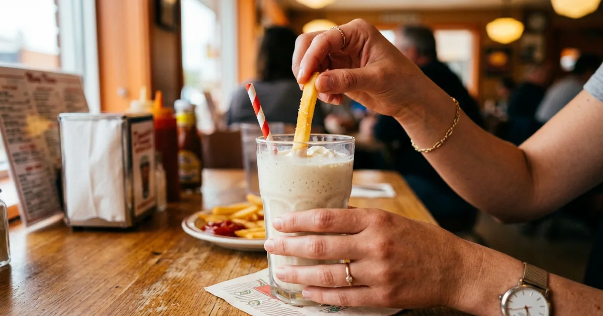 Person eating french fries dipped in a milkshake, smiling