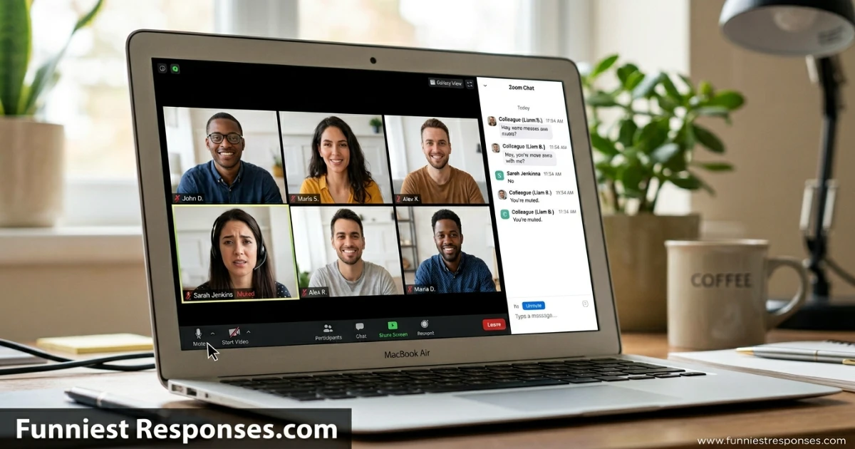 Zoom meeting with a chat message saying 'you're muted'