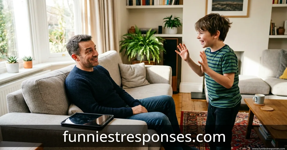 Child looking at adult with playful expression saying random slang, adult looking confused but smiling