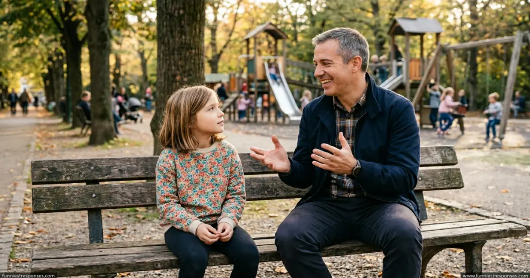 Adult and child sitting on playground bench, talking and laughing
