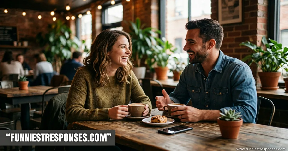 Two people laughing over coffee on a date