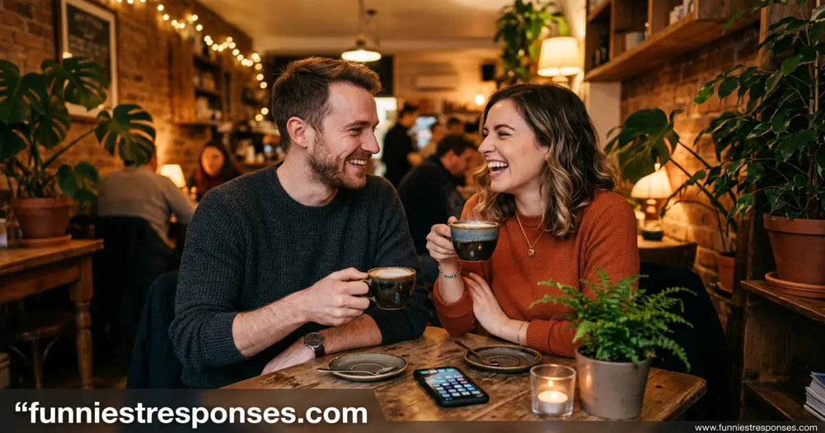 Two people laughing over coffee