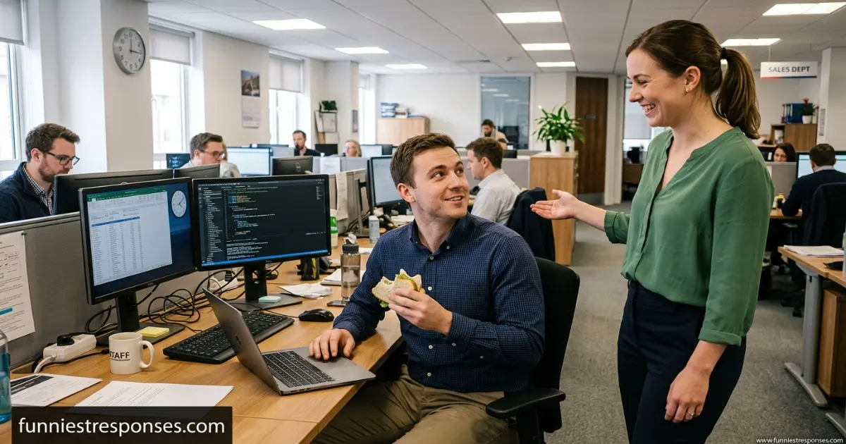Two coworkers laughing together near a lunch table