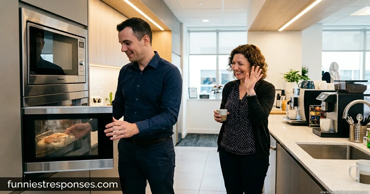 Coworker looking at microwave with fish container, another coworker wafting air
