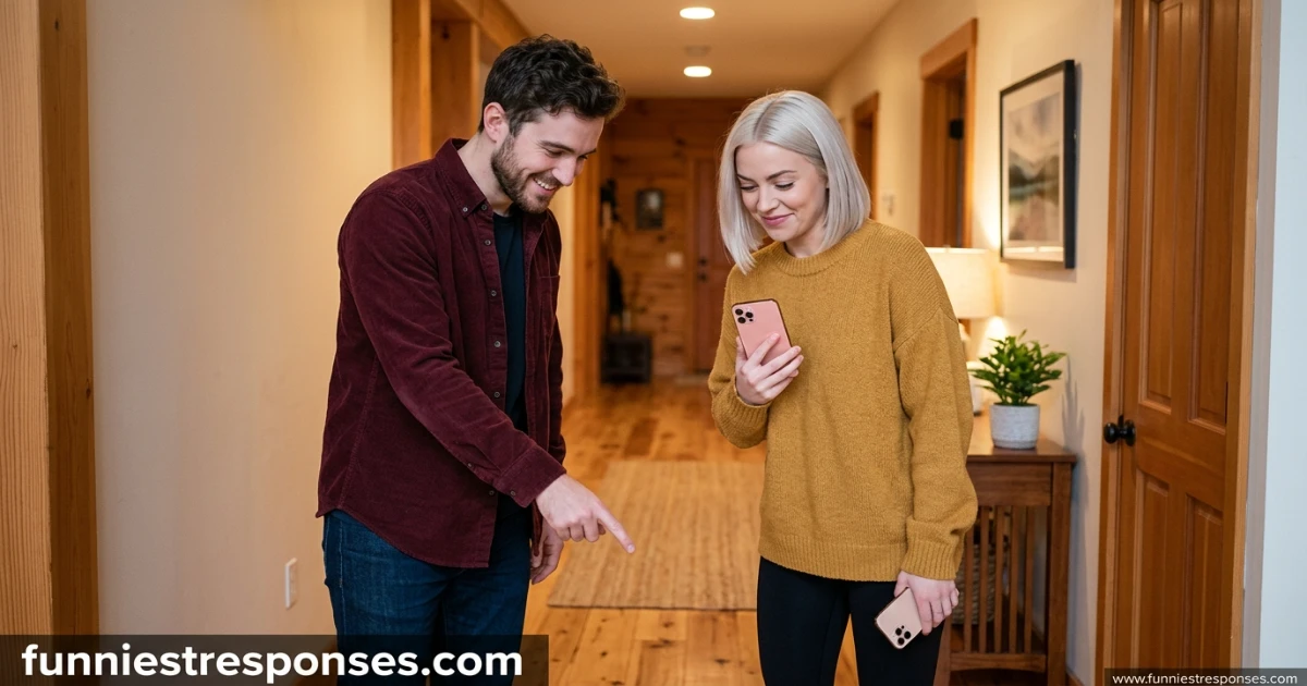 A person pointing at an empty floor, another looking down with a smile