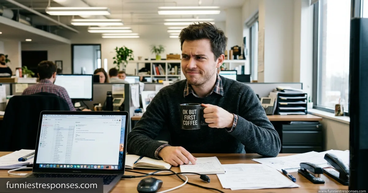Person at a desk with coffee mug, fake grumpy expression and a slight smile