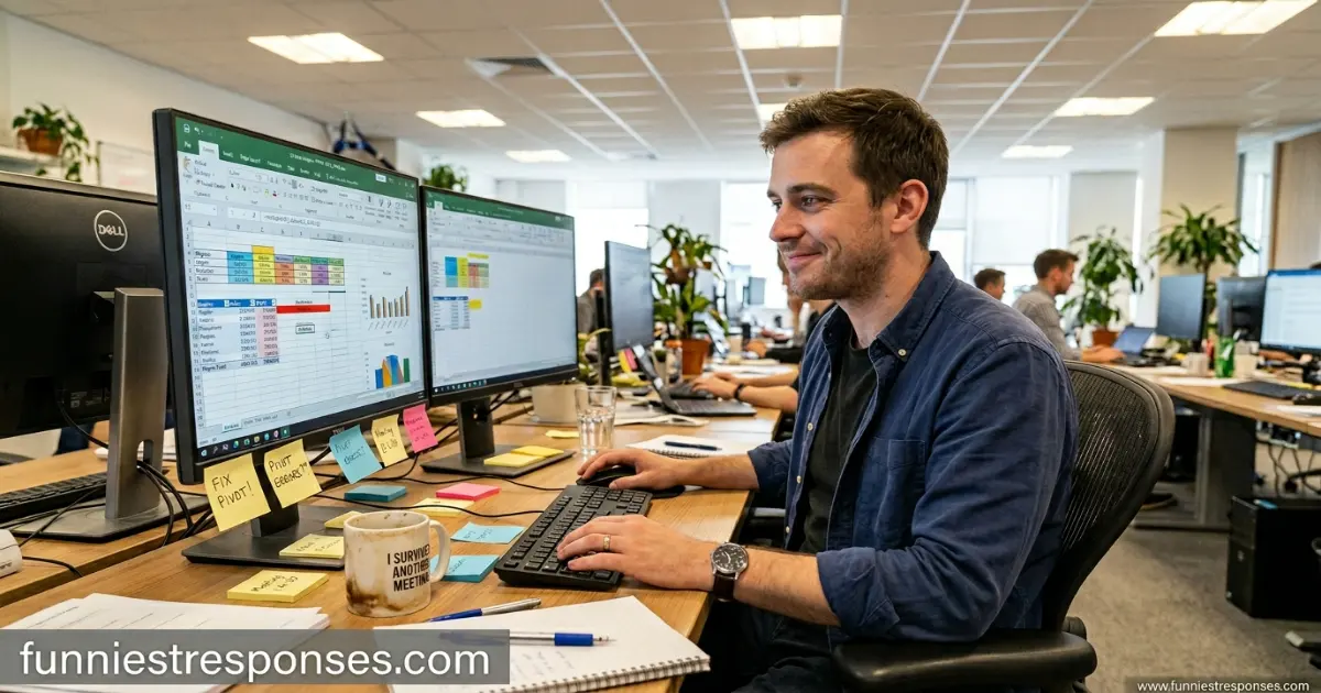Person staring at a laptop with a spreadsheet open, smiling wryly