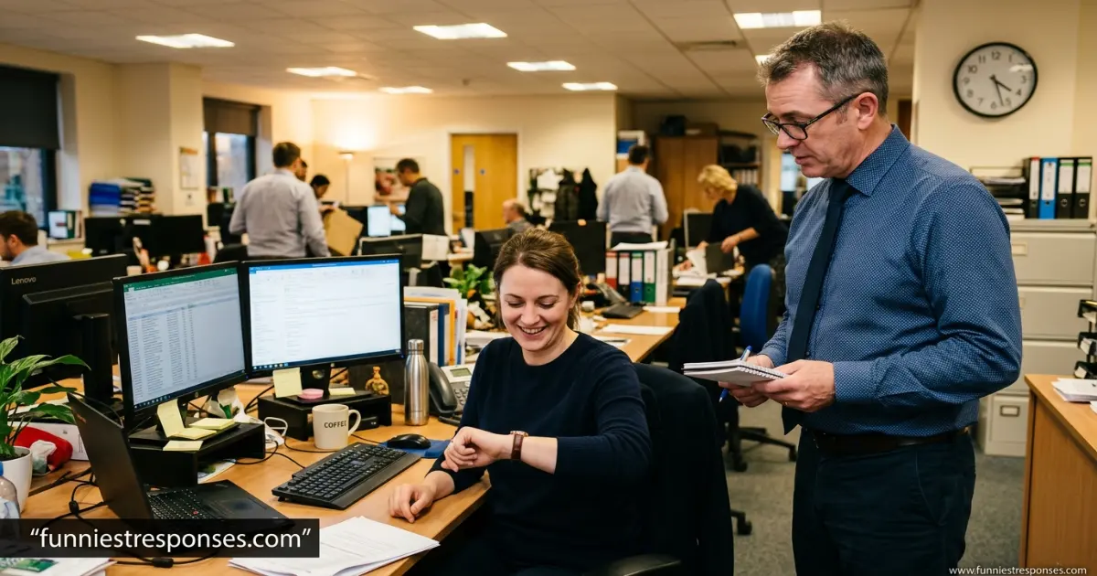 Boss asking employee to stay late, both smiling awkwardly