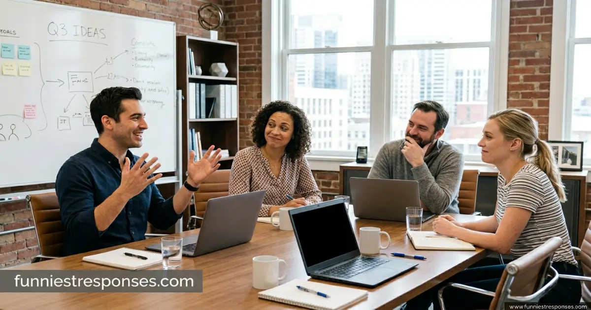 Coworkers in a meeting room, one suggesting team bonding while others exchange glances