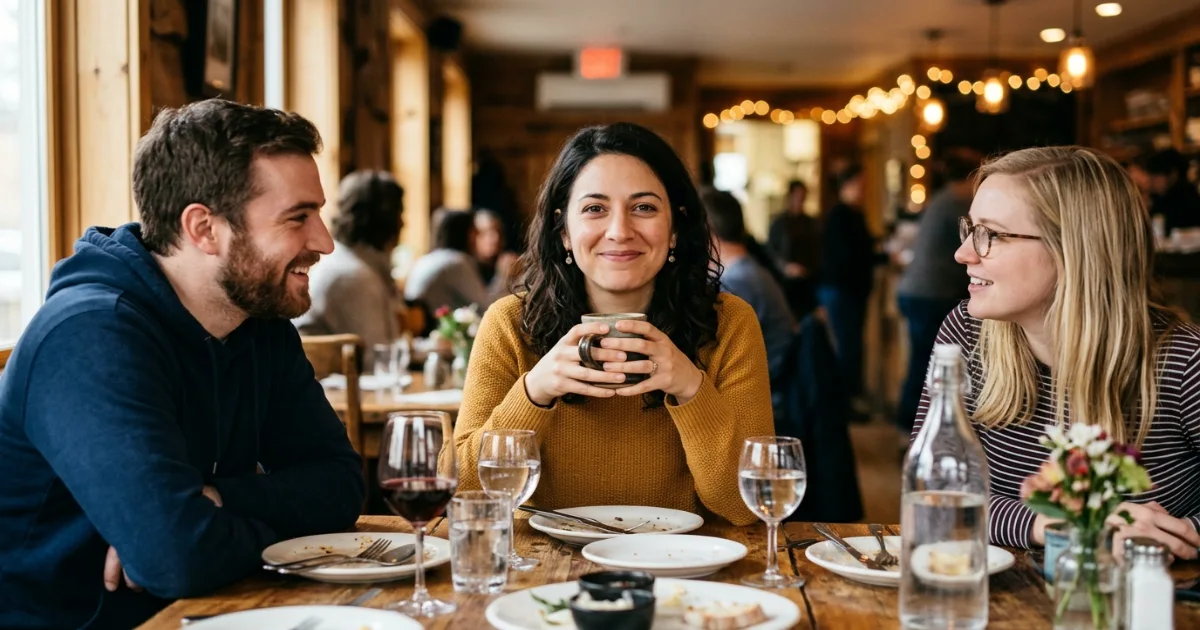 Person smiling gently after being told they're quiet at a dinner table