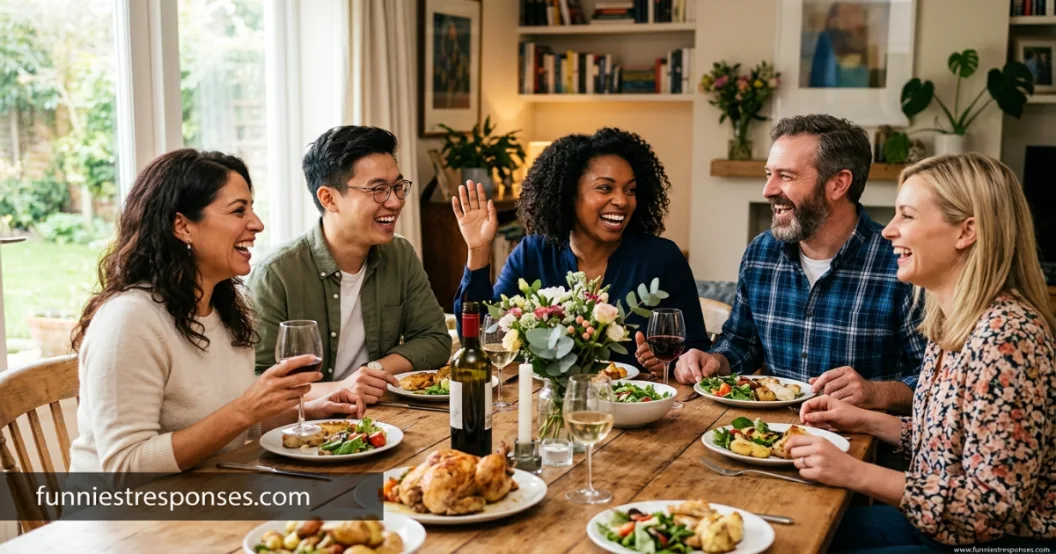 Group of relatives laughing together at a dinner table