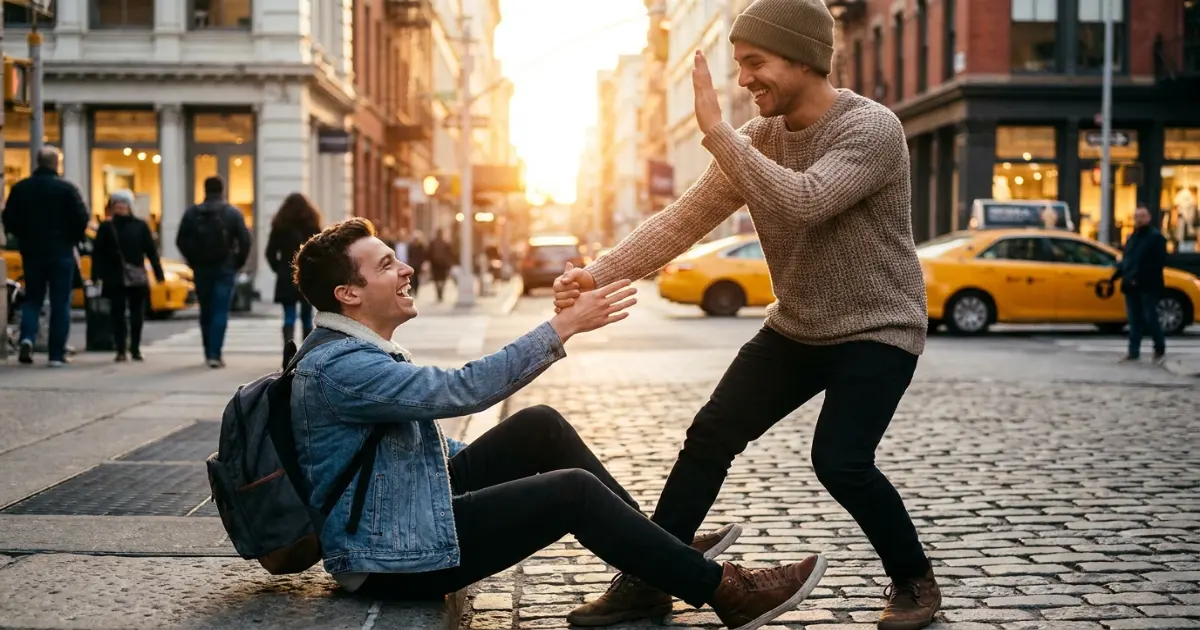 Person tripping and then laughing with a friend who helps them up