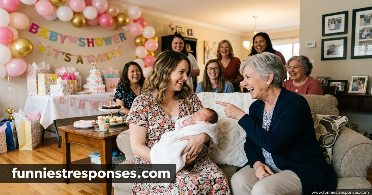 Family member pointing and smiling at a young adult at a baby shower