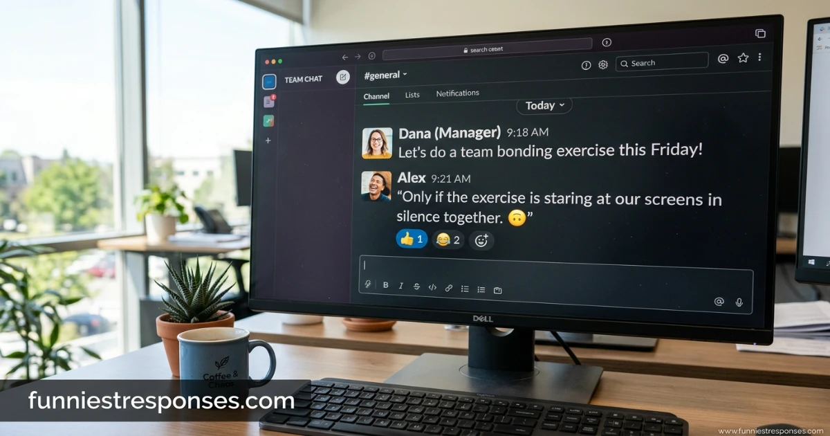 Slack message about team bonding with funny emoji replies