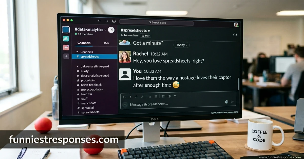 Team chat message: 'you love spreadsheets, right?' with funny reply