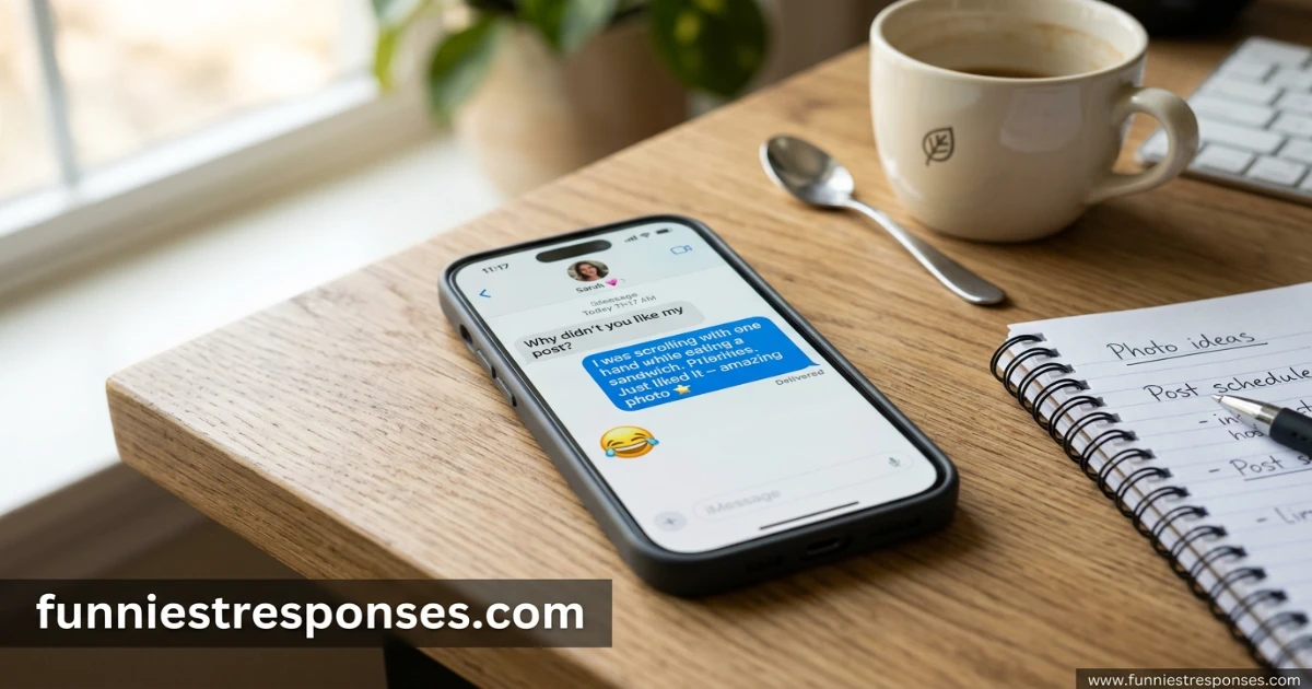 Phone screen showing 'why didn't you like my post?' with a funny reply