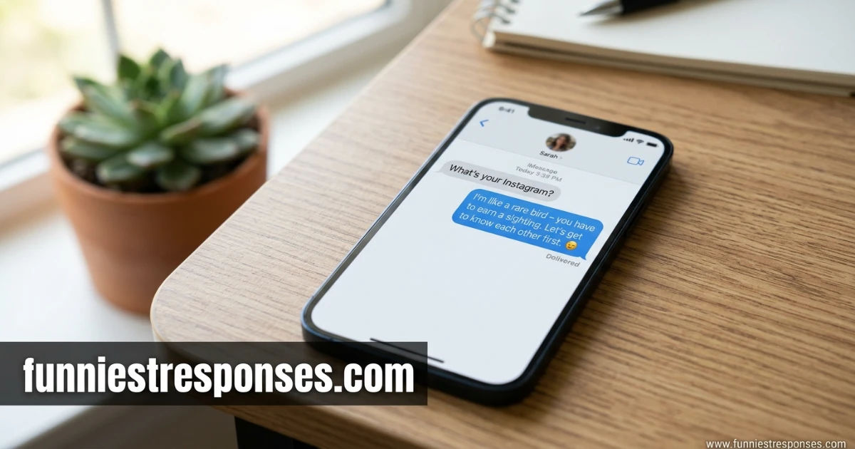 Phone screen showing 'what's your Instagram?' with a witty reply