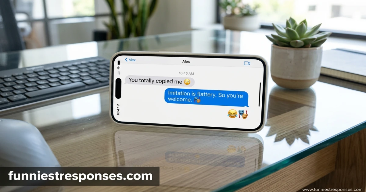 Text message exchange about copying with a funny emoji reply