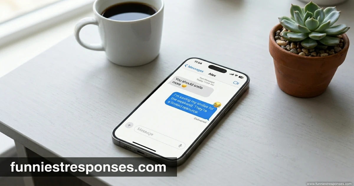 Phone screen with a text saying 'you should smile more' and a funny reply