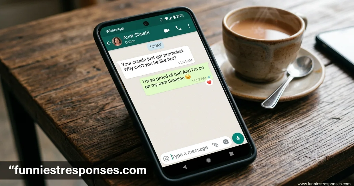 WhatsApp message from aunt comparing you to cousin, with a funny emoji reply