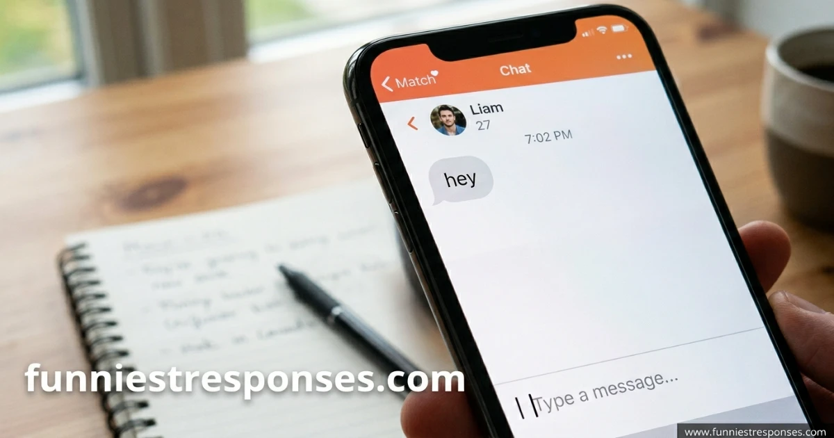 Smartphone showing a dating app message that just says 'hey'