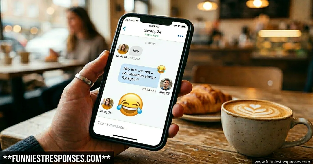 Screenshot of a funny reply to 'hey' on a dating app