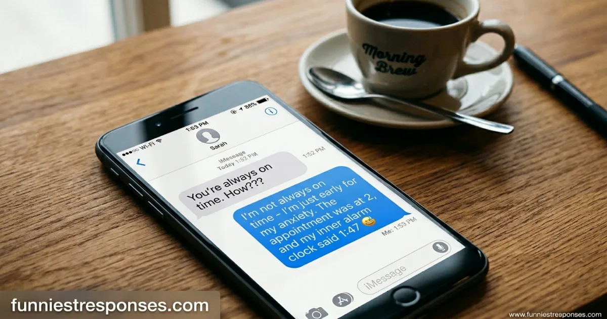Smartphone text thread with 'you're always on time' and witty reply