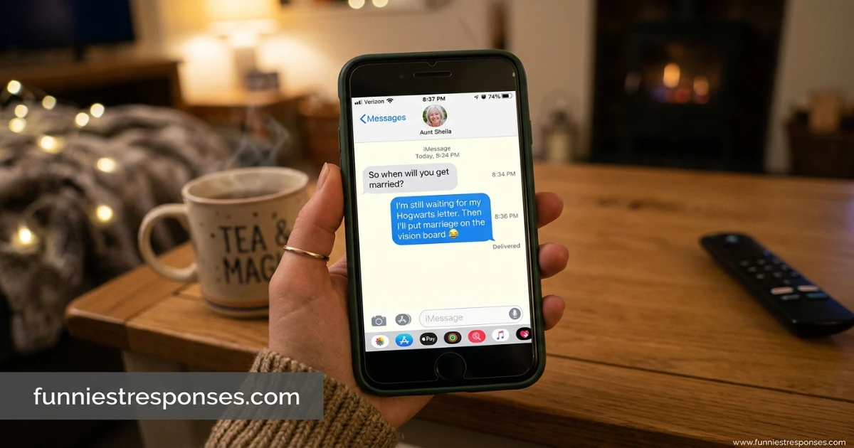 Screenshot of a text conversation: 'when will you get married?' with a funny reply
