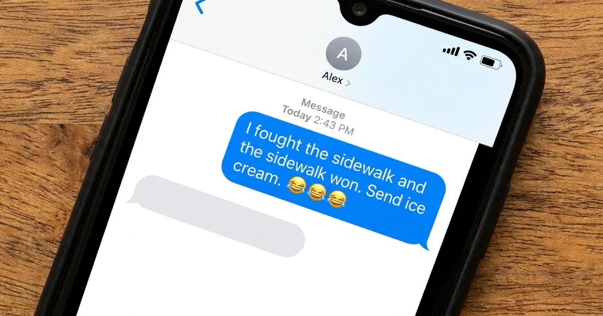 Text message conversation where someone jokes about tripping in public