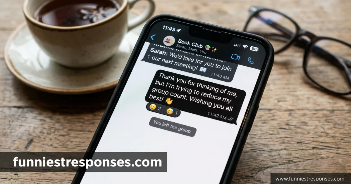 WhatsApp chat with a user saying 'Thanks but no thanks' and leaving the group