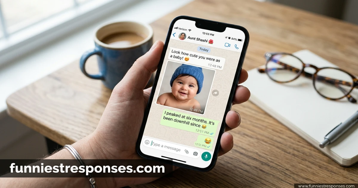 Text message with baby photo and funny reply