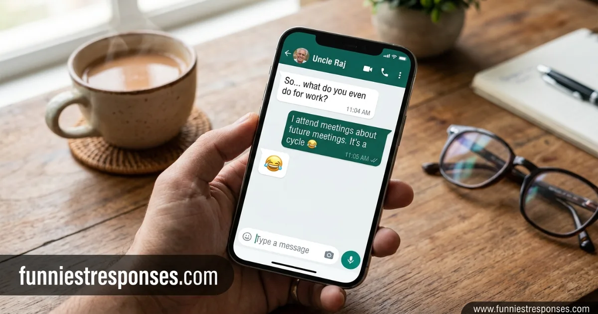 Text conversation: 'What do you even do for work?' with a laughing meme reply