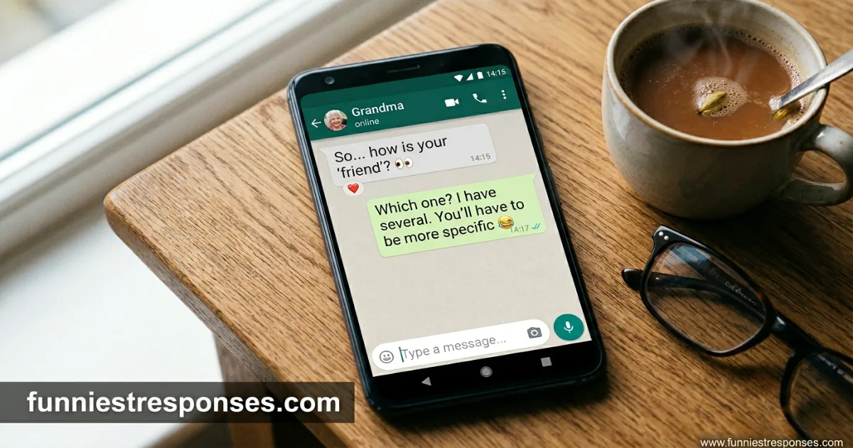 WhatsApp message from Grandma: 'How is your friend?' with a funny emoji reply