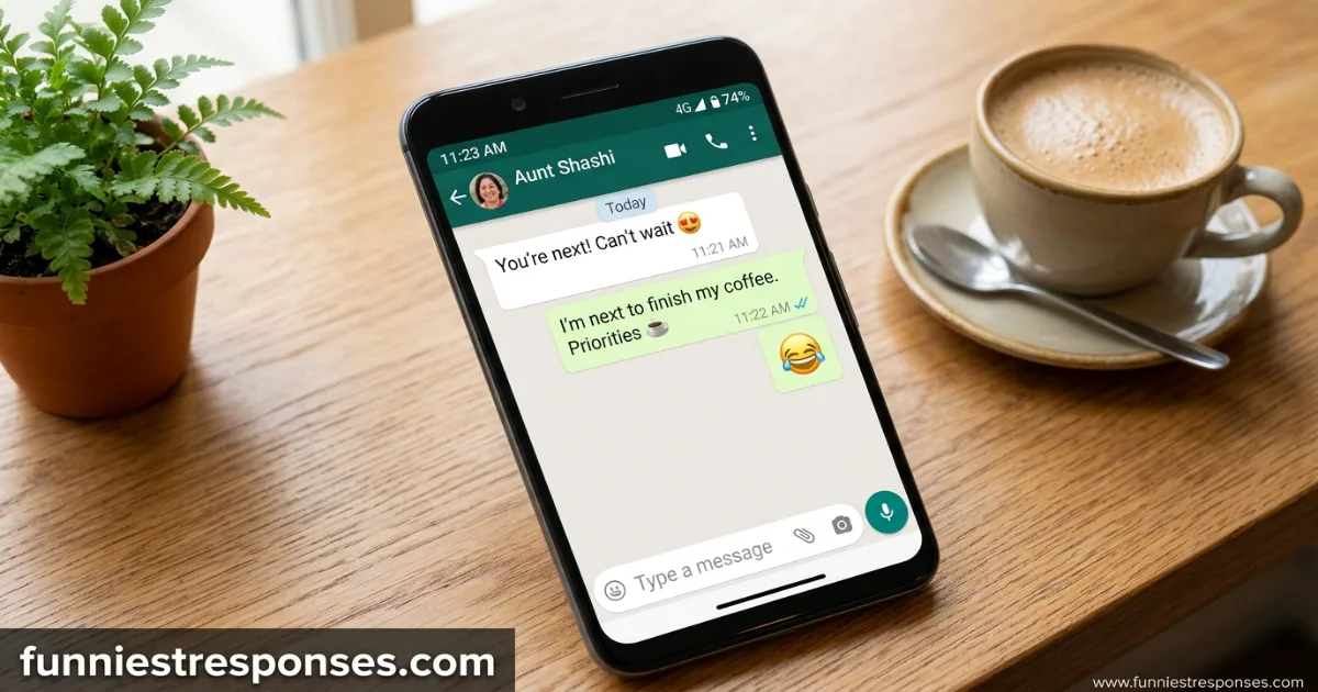 WhatsApp screenshot: 'You're next!' with a laughing emoji reply