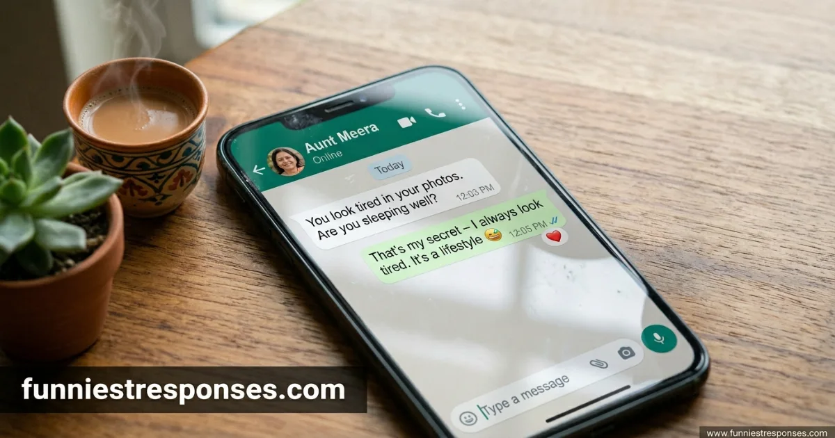 Text message from a relative saying 'you look tired' with a funny reply