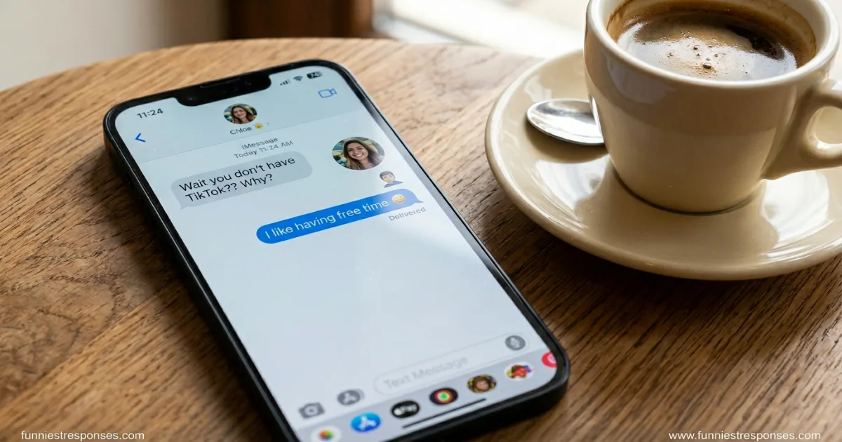 Smartphone text conversation asking why don't you have TikTok with a funny reply
