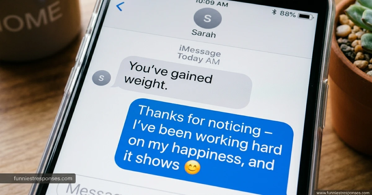 Smartphone text conversation: 'you've gained weight' with a laughing emoji reply