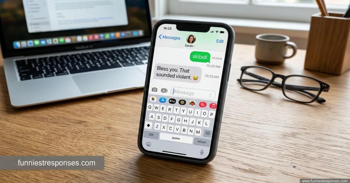 Smartphone screen showing a kid texting 'skibidi' and adult replying with funny comeback