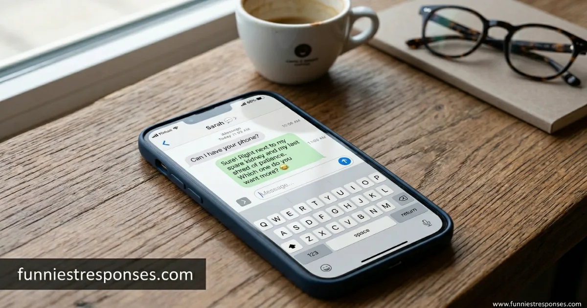 Smartphone text conversation: 'Can I have your phone?' and funny reply