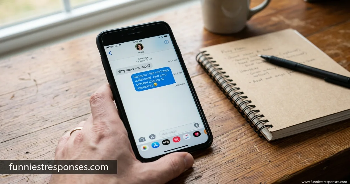 Smartphone text conversation: 'why don't you vape?' and funny reply